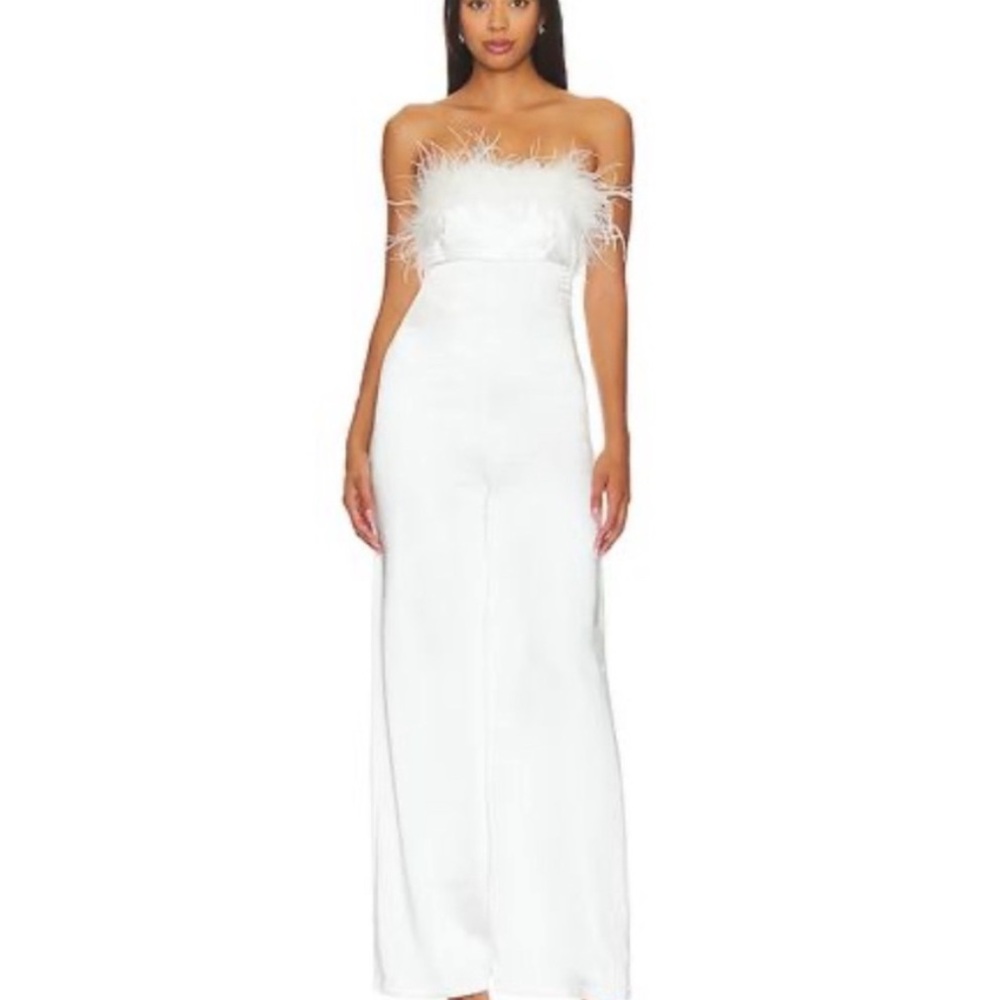 Elegant White Strapless Jumpsuit with Feather Detail NWT
